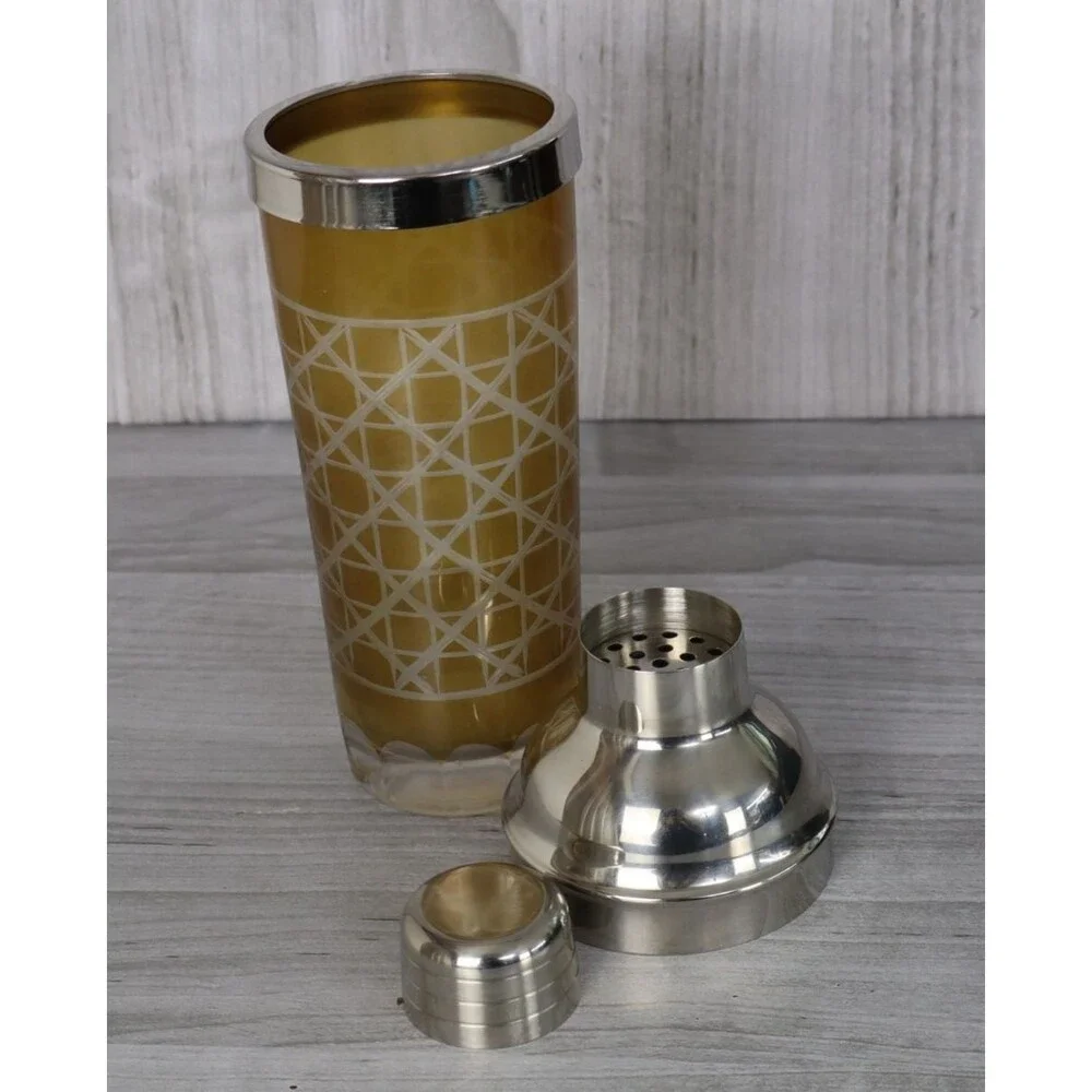 Vintage Glass MCM Barware Cocktail Shaker 3pc Set Amber Geometric Pattern Madmen